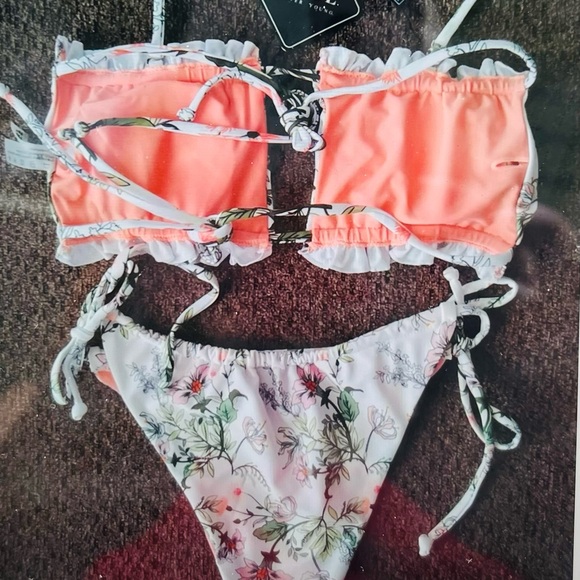 ZAFUL Women Bikini Bandeau/Halter Tie Ruffle Cutout Swimsuit - Picture 5 of 7